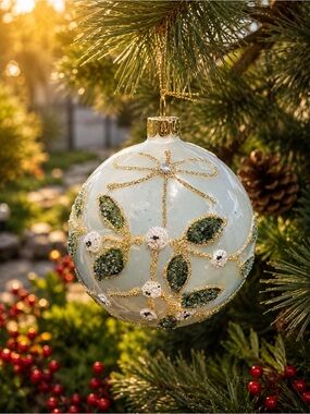 Elegant White and Gold Holiday Ornament with Green Leaf Accents 4”